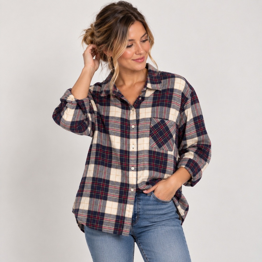 Aerie Womens XL Navy Blue Plaid Flannel Button Down Shirt Oversized Long Sleeve